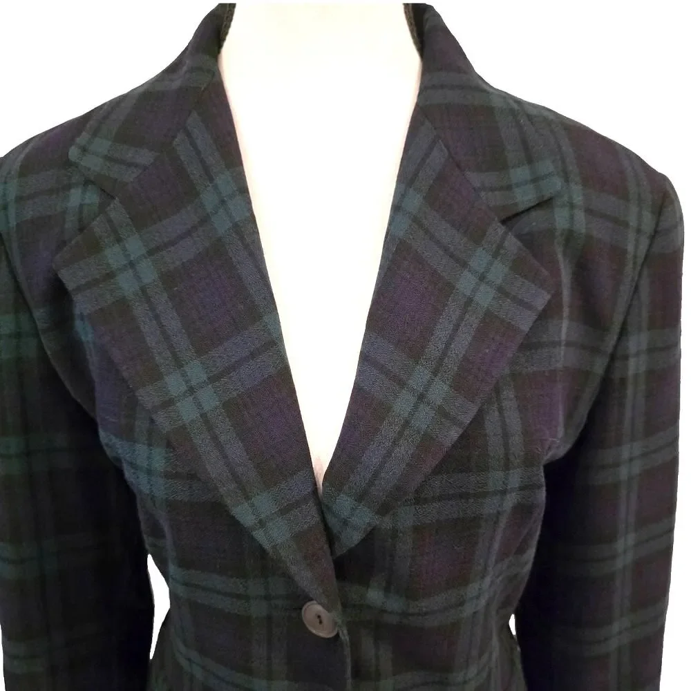 Vintage 90s Linda Allard Ellen Tracy Tartan Knit Wool Blazer Size 10 Korea